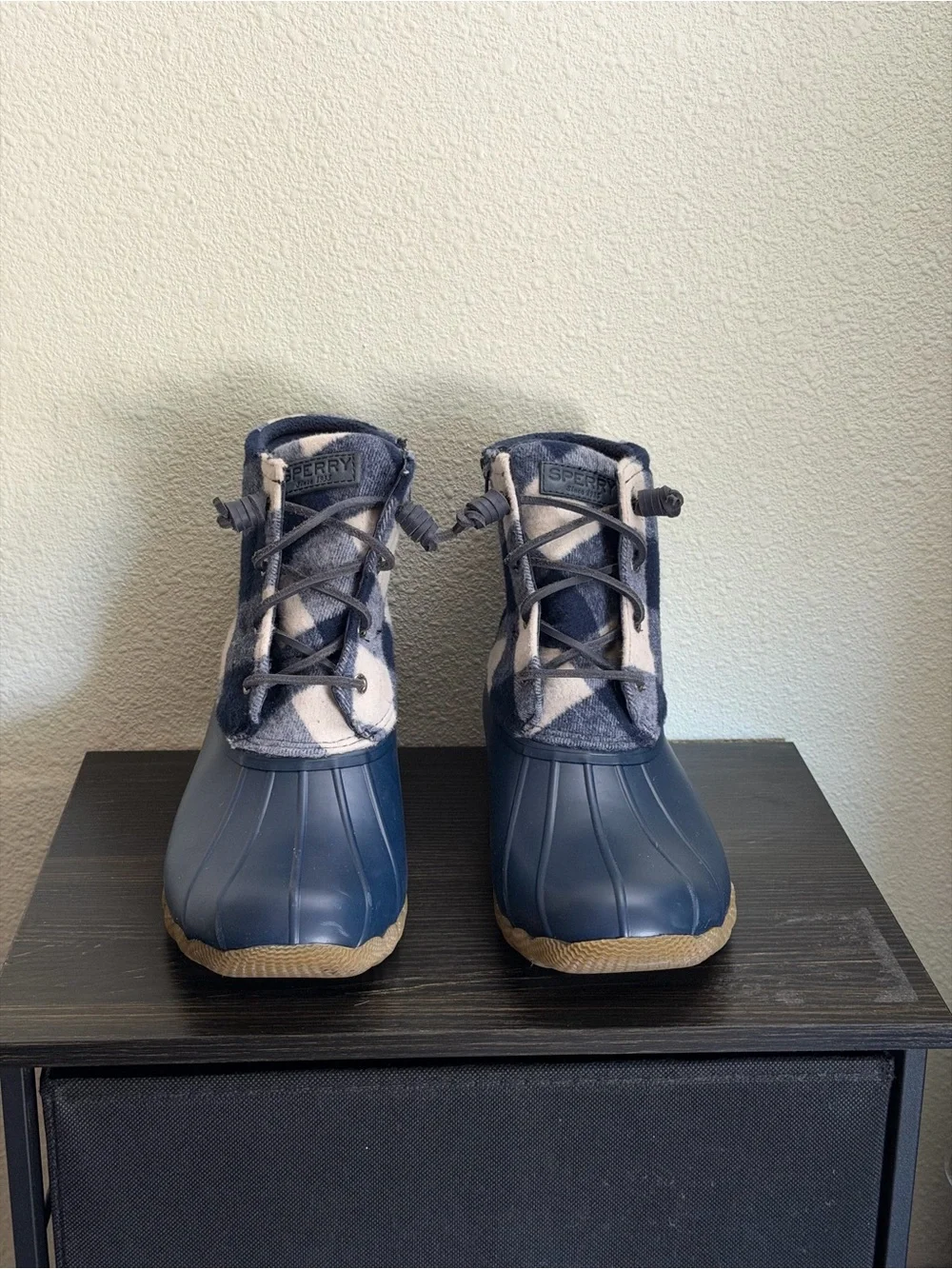 Sperry Top-Sider Women’s Saltwater Buffalo Check Navy Duck-Boots STS 88317 Sz 12